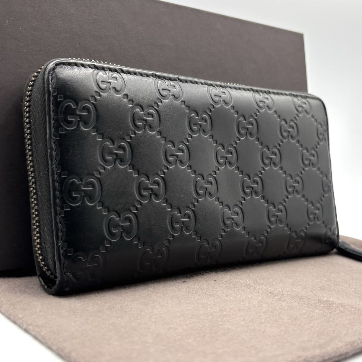 s32 GUCCI グッチ グッチ シマ レザー ブラック 黒 長財布 ジップ