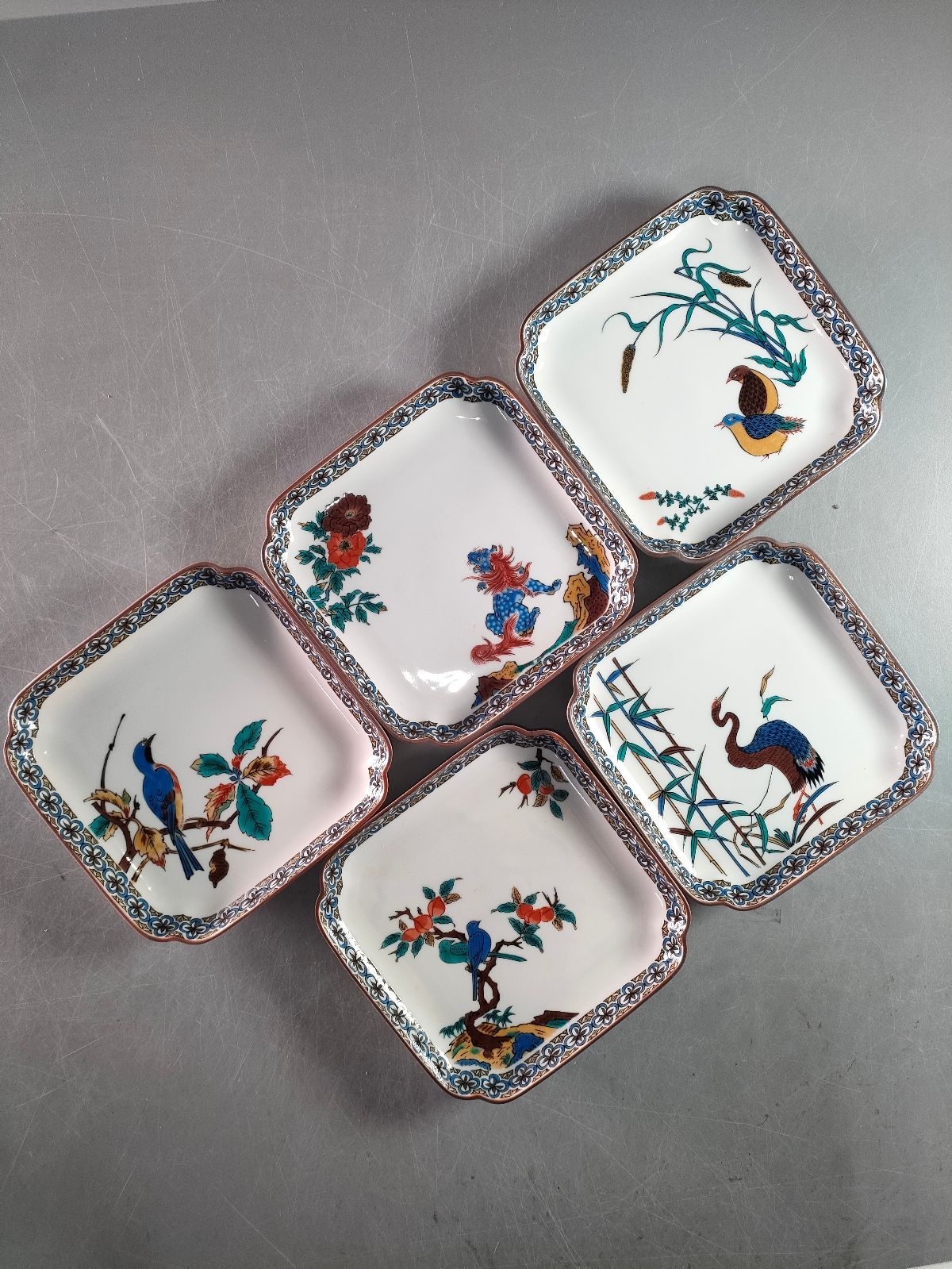 S16-2/九谷焼/青郊窯/色絵花鳥文角皿揃5客/共箱/飾皿/懐石道具 - メルカリ