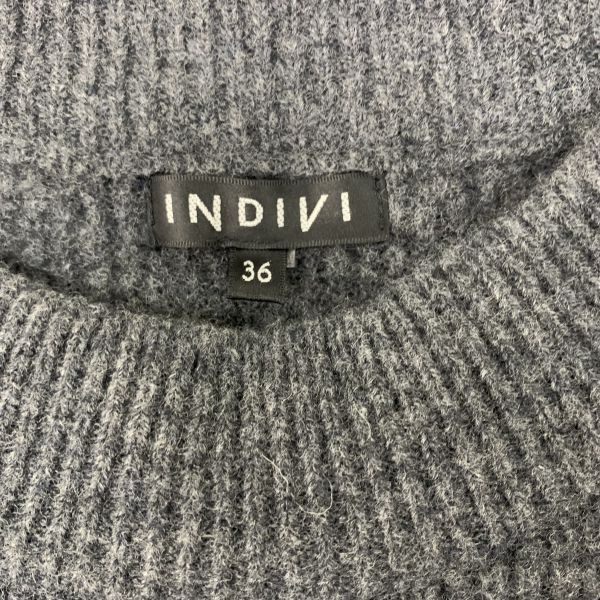  インディヴィ INDIVI ニットワンピース 長袖 クルーネック ロング丈 ボーダー グレー ウール 36 S 7号 レディース H 5 Y 057 長袖 七分袖 ニットワンピース