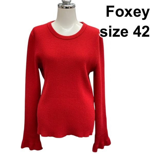 フォクシー Foxey セーター 長袖 クルーネック リブニット トップス 赤 カシミア混 42 L～XL 11号 レディース B5Y026
