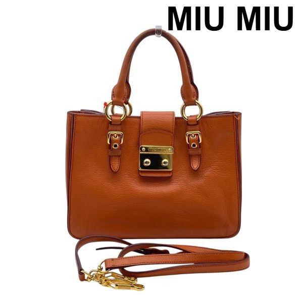 ミュウミュウ MIU MIU マドラス Madras ハンドバッグ ショルダーバッグ 2WAY シボ加工 オレンジ系 レザー レディース 5E295