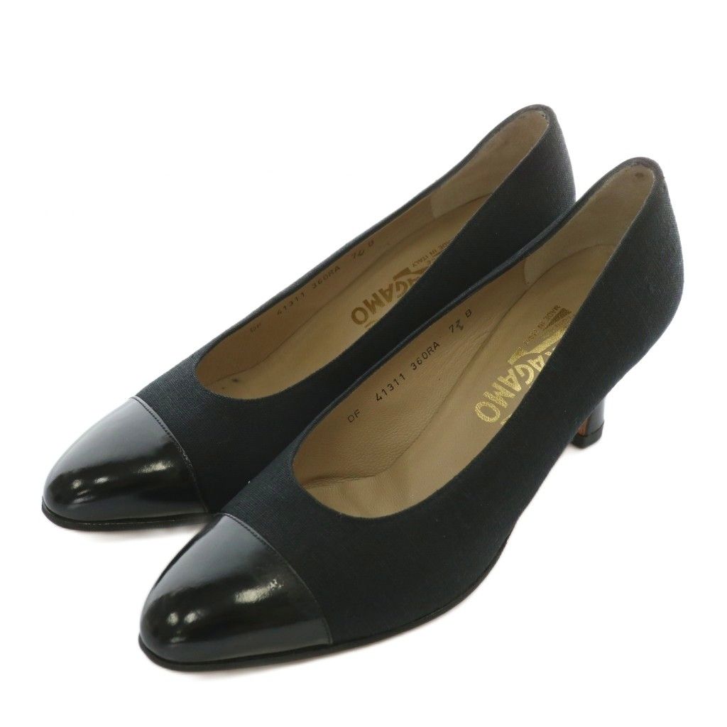 サルヴァトーレフェラガモ Salvatore Ferragamo パンプス キャンバス エナメル ポインテッドトゥ ヒール 7 24 cm 黒 ブラック XZ GY 40