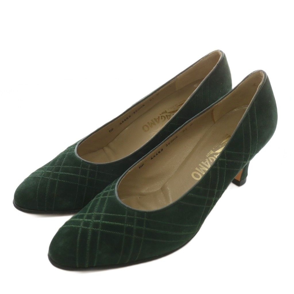 サルヴァトーレフェラガモ Salvatore Ferragamo パンプス スエード ポインテッドトゥ ヒール チェック柄 刺繍 総柄 7.5 24.5 cm 緑 グリーン XZ GY 40