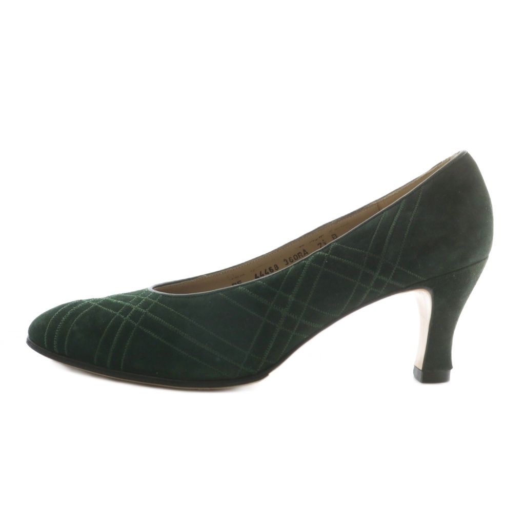 サルヴァトーレフェラガモ Salvatore Ferragamo パンプス スエード ポインテッドトゥ ヒール チェック柄 刺繍 総柄 7.5 24.5 cm 緑 グリーン XZ GY 40