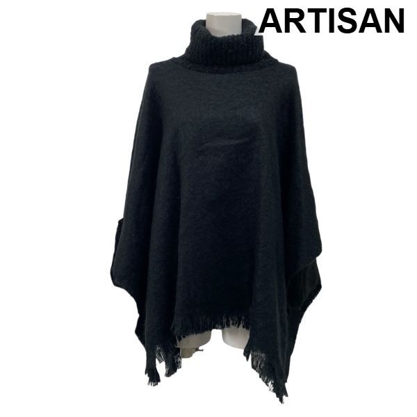 アルチザン ARTISAN タートルネック ポンチョ ケープ ファー フリンジ リブ編み 黒 モヘア混 毛混 サイズF レディース S5X319