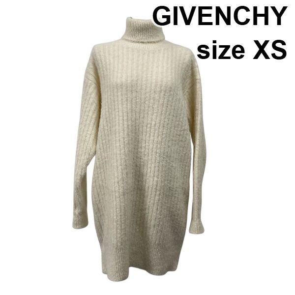 ジバンシー Givenchy ニットワンピース 膝丈 長袖 タートルネック リブ編み アイボリー アルパカ ウール XS 5号 レディース S5X317