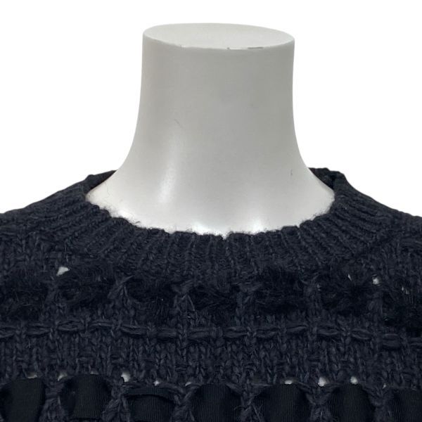 エポカ EPOCA テープコンビ フリンジニット セーター 長袖 クルーネック 黒 ウール 綿 アルパカ 40 L 11号 レディース S5X313