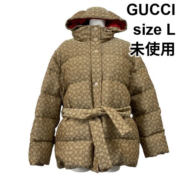 グッチ GUCCI シグネチャー ジャカード ダウン ピロー ジャケット フード ベージュ 綿 フェザー L 11号 レディース S5X326