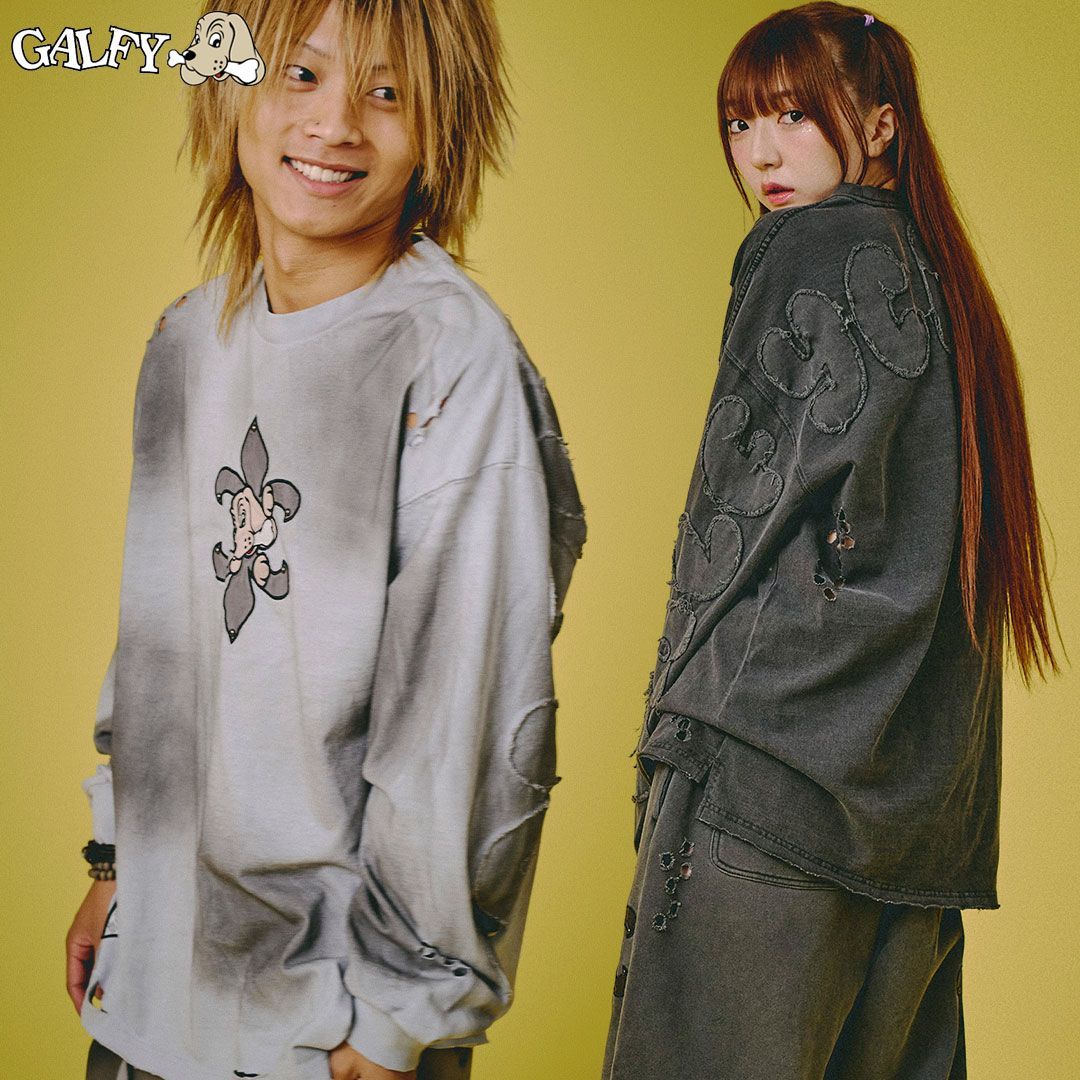 ガルフィー GALFY ぼろぼろロゴ百合の紋ロンT 153081 INK BLACK GRAY Tシャツ 長袖 ロンティー ギャル ヤンキー 25AW