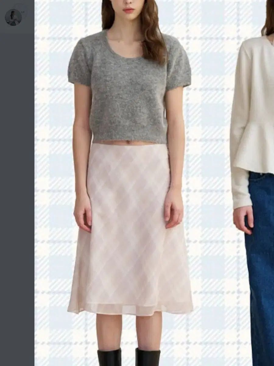 セット L AMOURE アンゴラ半袖ニット グレー CHECK柄スカート