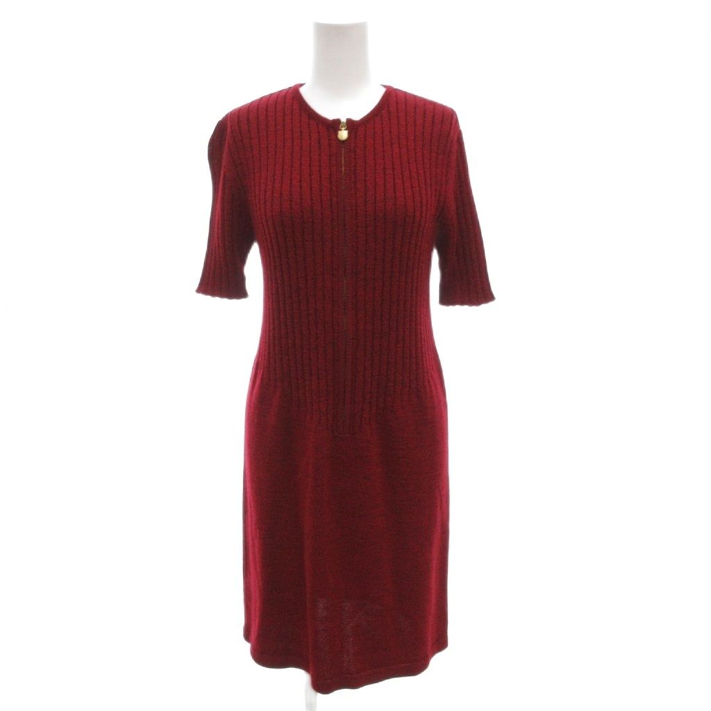 サルヴァトーレフェラガモ Salvatore Ferragamo ワンピース ニット S リブ 切替 半袖 ひざ丈 クルーネック 赤 レッド AE GY17