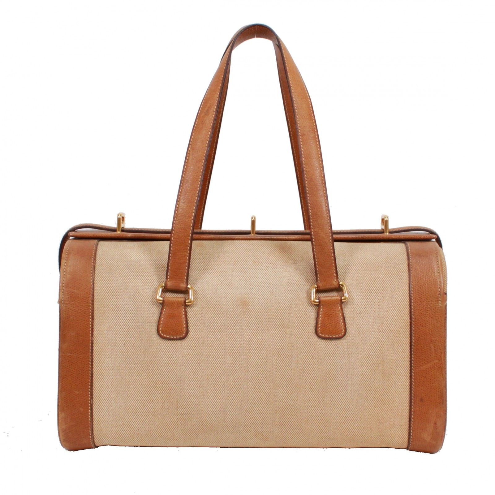 HERMES エルメス ボストンバッグ キャンバス レザー ブラウン ベージュ 〇E刻印刻印 レディース