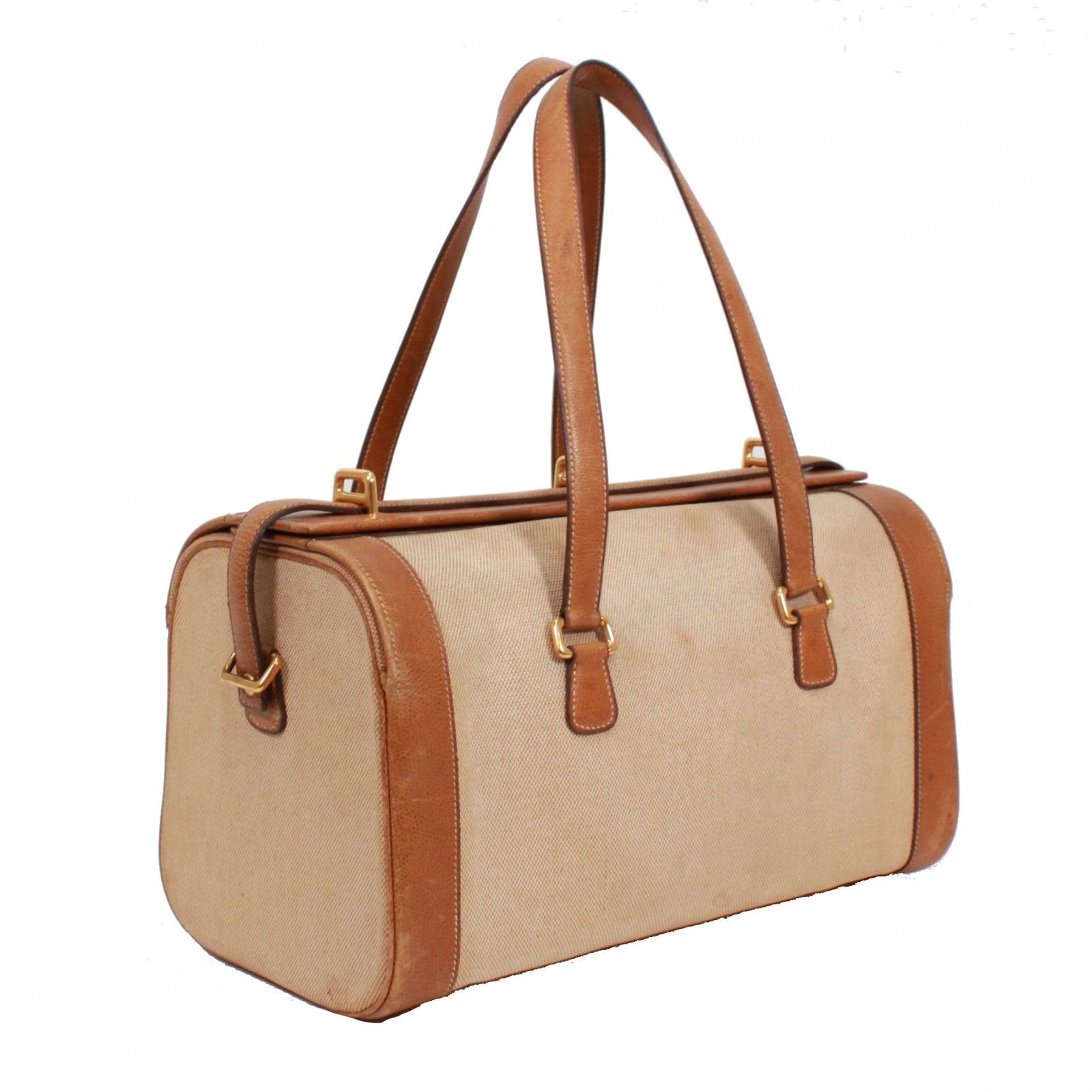 HERMES エルメス ボストンバッグ キャンバス レザー ブラウン ベージュ 〇E刻印刻印 レディース