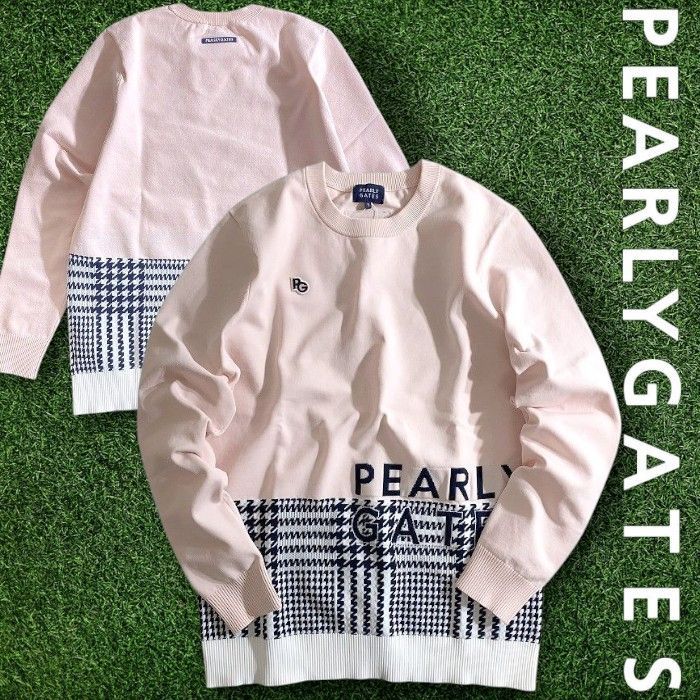 PEARLY GATES パーリーゲイツ ゴルフ 切替 ジャガードロゴ チェック柄 クルーネック 丸首 長袖 ニット プルオーバー セーター ゴルフウェア 053-2170205 定価3.6万 ピンク ホワイト ネイビー 040 50228w04
