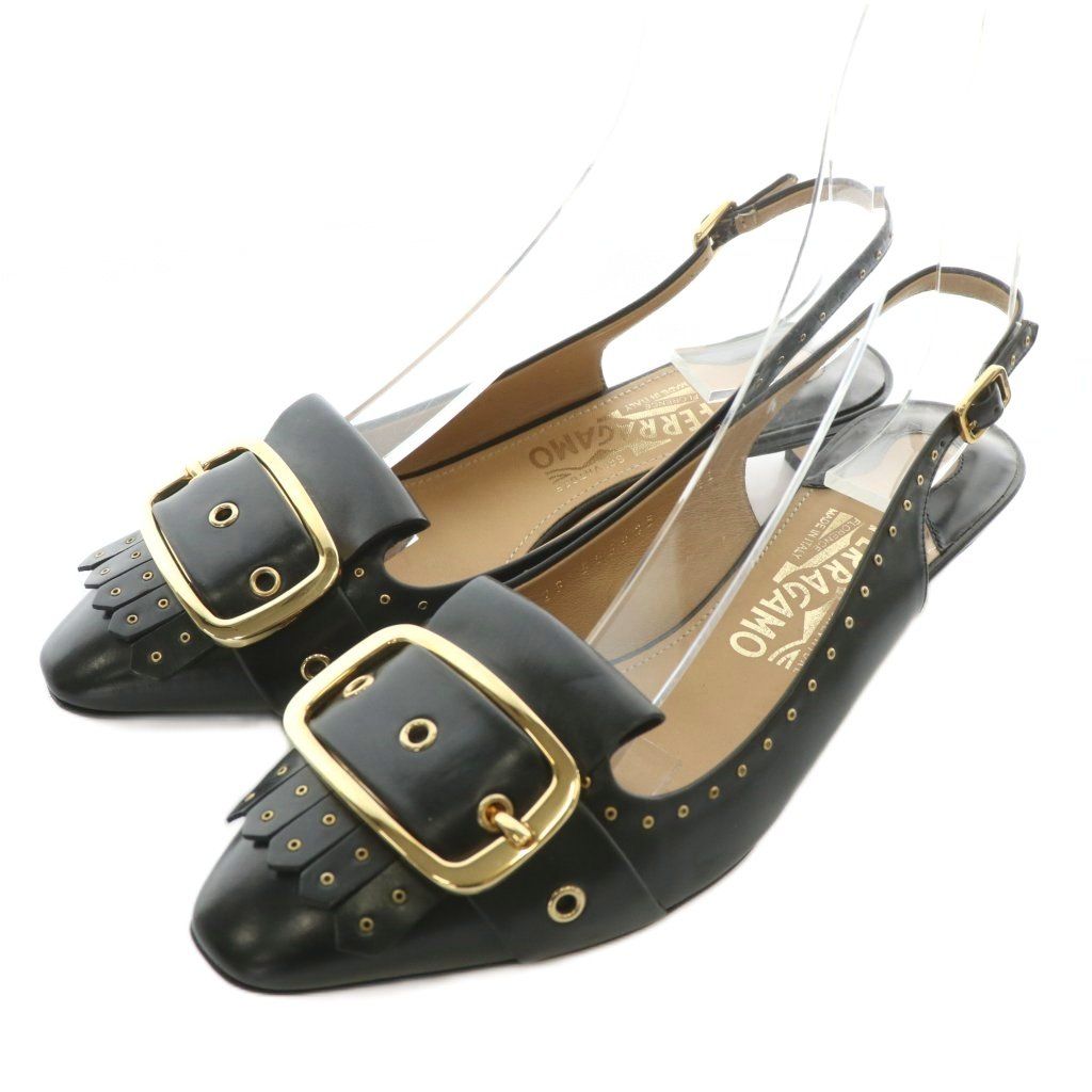 サルヴァトーレフェラガモ Salvatore Ferragamo パンプス レザー ローヒール バックストラップ ベルト スタッズ タッセル 7.5 24.5 cm 黒 ブラック XZ GY 40