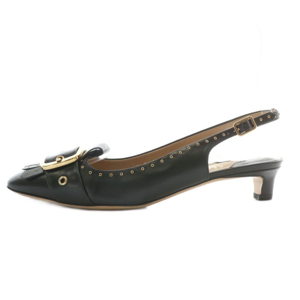 サルヴァトーレフェラガモ Salvatore Ferragamo パンプス レザー ローヒール バックストラップ ベルト スタッズ タッセル 7.5 24.5 cm 黒 ブラック XZ GY 40