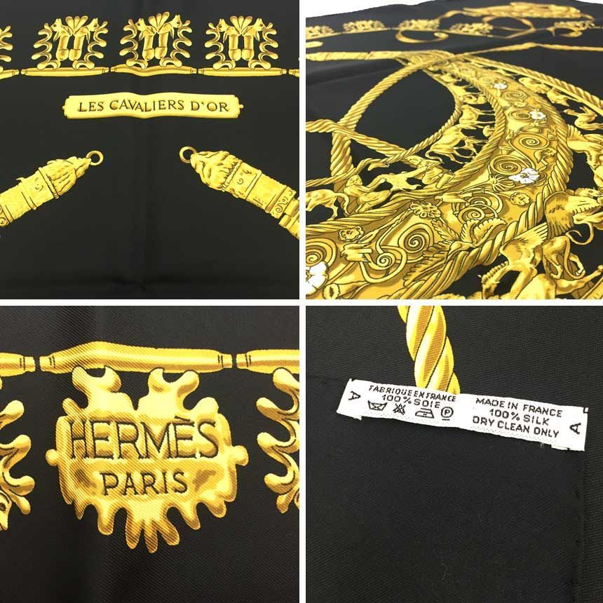 HERMES　エルメス スカーフ　シルク100％　Hカレ 90 黄金の騎士 黒 HERFMES エルメス スカーフ カレ90 LES CAVALIERS D'OR 黄金の騎士