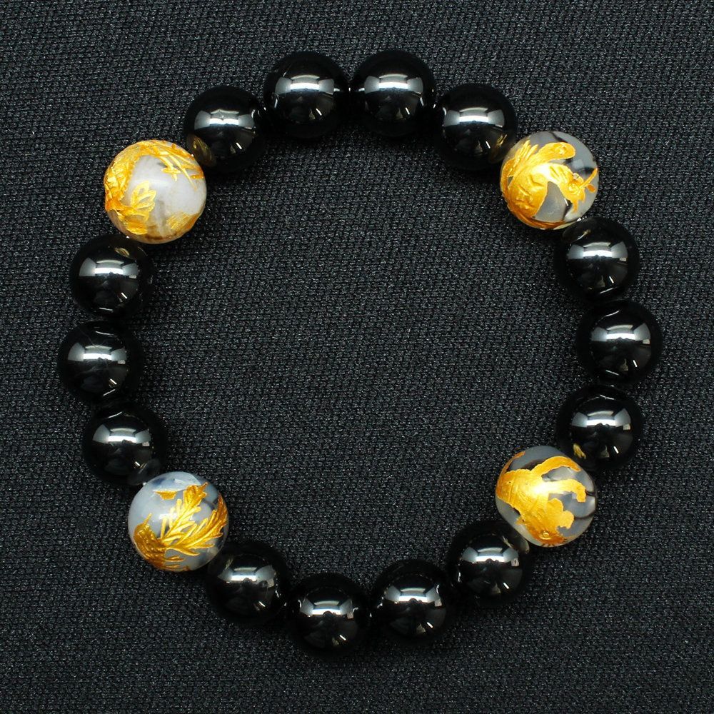 四神獣ブレス 12ミリ×10 mm MIX数珠 玄武 皇帝龍 鳳凰 白虎 ＆ドラゴンアゲート＆ ブラックスピネル ブレスレット 石言葉 成長 成功 白虎が 勇気 守護 朱雀が 情熱 再生 玄武が 安定 健康 ご褒美 お揃い 京海堂 天然石の卸 京の蔵