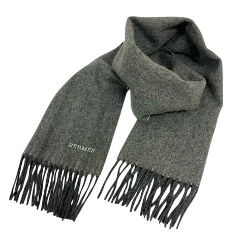 エルメス HERMES マフラー カシミヤ フリンジ ロゴ 刺繍 グレー