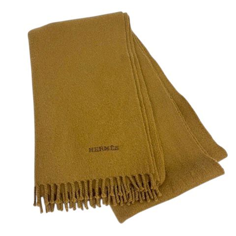 エルメス HERMES マフラー カシミヤ フリンジ ロゴ 刺繍 茶 キャメル