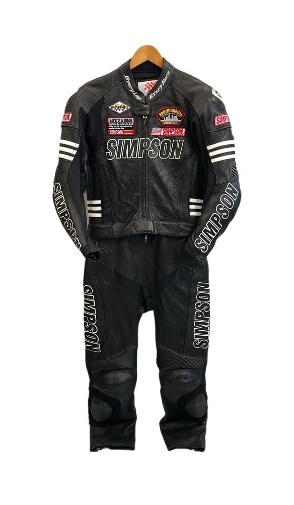 シンプソン SIMPSON オールレザー ライダーススーツ セパレート 本革 牛革 バイカー ツーリング 黒 つなぎ オーバーオール ブラック Lサイズ 101MB-776