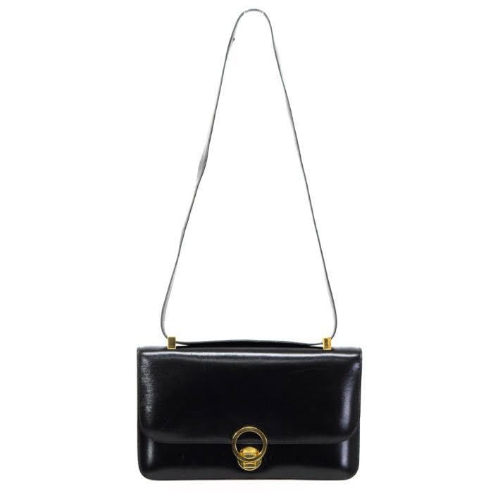 Bランク エルメス HERMES リングドゥ ボックスカーフ レザー GD金具 〇K刻印 1981年 ハンドバッグ ワンショルダー ヴィンテージ レディース メンズ ノワール ブラック mbr28001