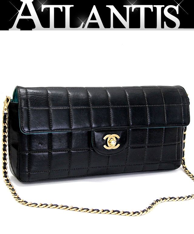 シャネル CHANEL チョコバー イーストウエスト チェーンショルダーバッグ ラムスキン 黒×ターコイズブルー G金具 6番台 72250