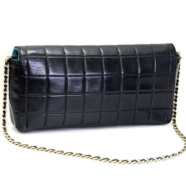 シャネル CHANEL チョコバー イーストウエスト チェーンショルダーバッグ ラムスキン 黒×ターコイズブルー G金具 6番台 72250