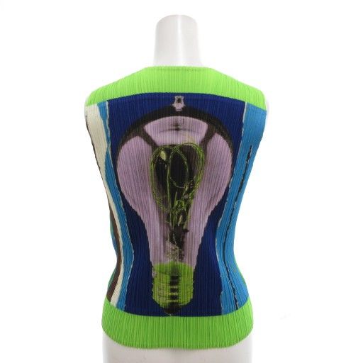 プリーツプリーズ PLEATS PLEASE イッセイミヤケ ベスト ジレ 3 プリーツ加工 電球 総柄 プリント 緑 グリーン AE GY18