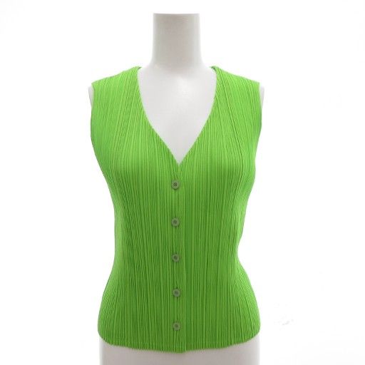 プリーツプリーズ PLEATS PLEASE イッセイミヤケ ベスト ジレ 3 プリーツ加工 電球 総柄 プリント 緑 グリーン AE GY18