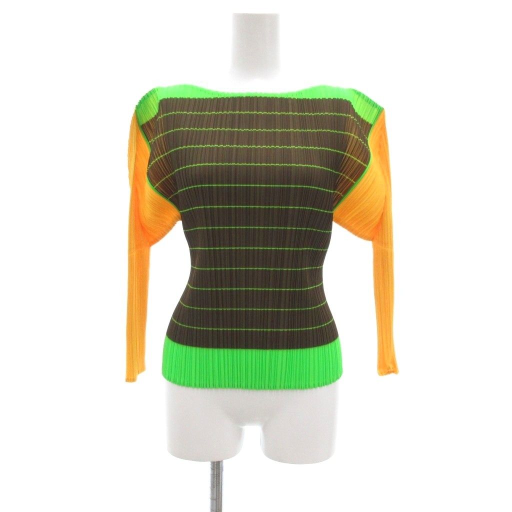 プリーツプリーズ PLEATS PLEASE イッセイミヤケ カットソー ブラウス 長袖 プリーツ加工 3 ブラウン イエロー マルチ UO GY18