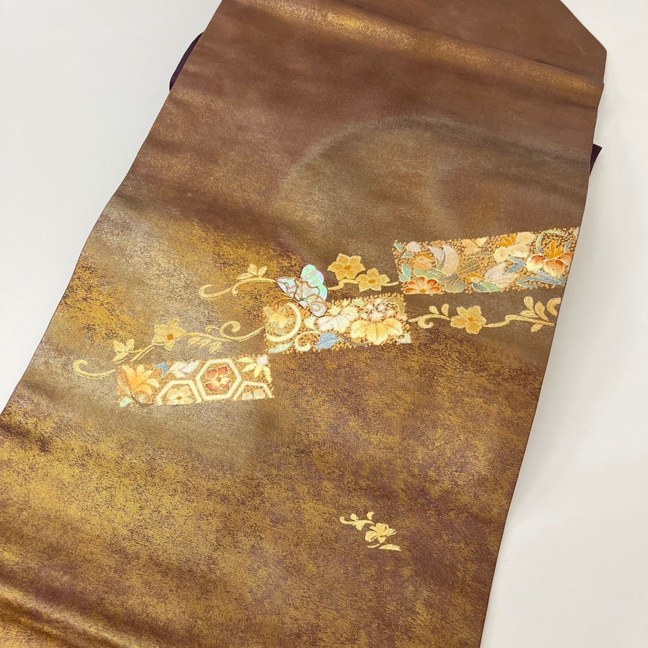 名古屋帯 螺鈿細工 螺鈿箔 金彩 上品な加工 九寸 正絹 着物 MA-1205