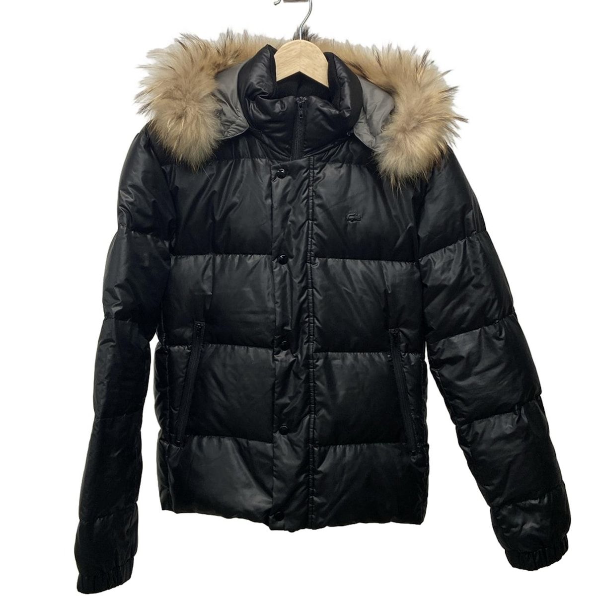 Lacoste ラコステ ダウンジャケット サイズ46 XL レディース - 黒×ブラウン 長袖 ファー ジップアップ フード着脱可 ファー着脱可 冬
