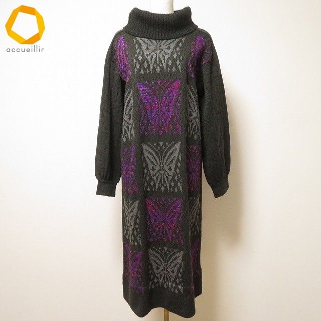 wnc サイトウトヨコ 斉藤都世子 ワンピース ニット 深緑 紫 グレー タートルネック 蝶 レディース 842884