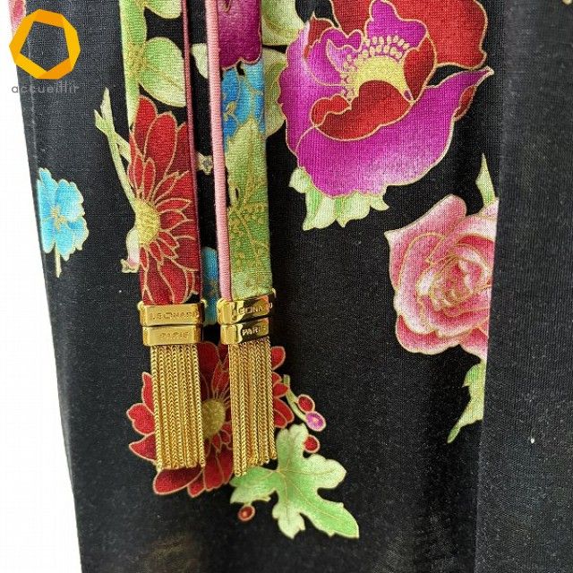 anc レオナール LEONARD ワンピース L 黒 マルチ シルク混 花柄 丸首