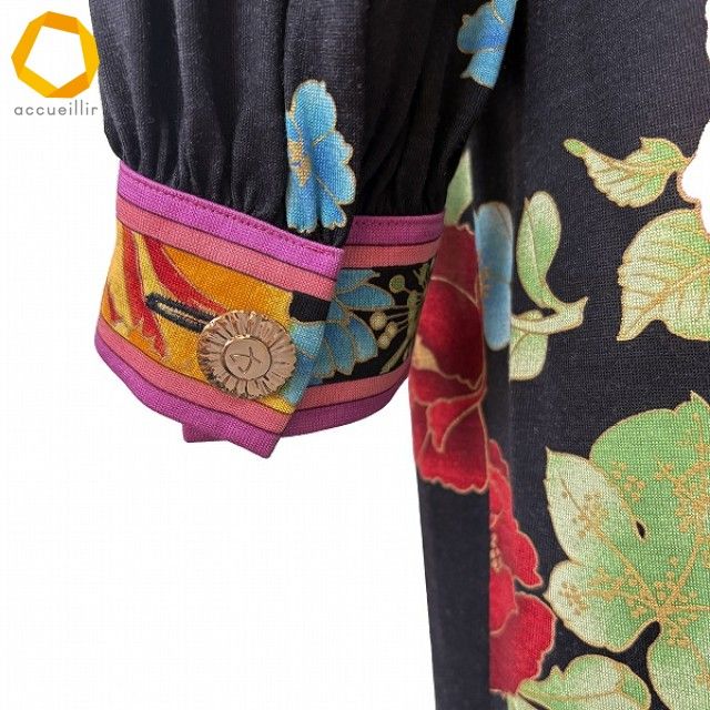 anc レオナール LEONARD ワンピース L 黒 マルチ シルク混 花柄 丸首