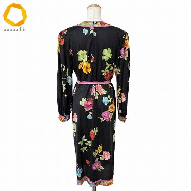 anc レオナール LEONARD ワンピース L 黒 マルチ シルク混 花柄 丸首