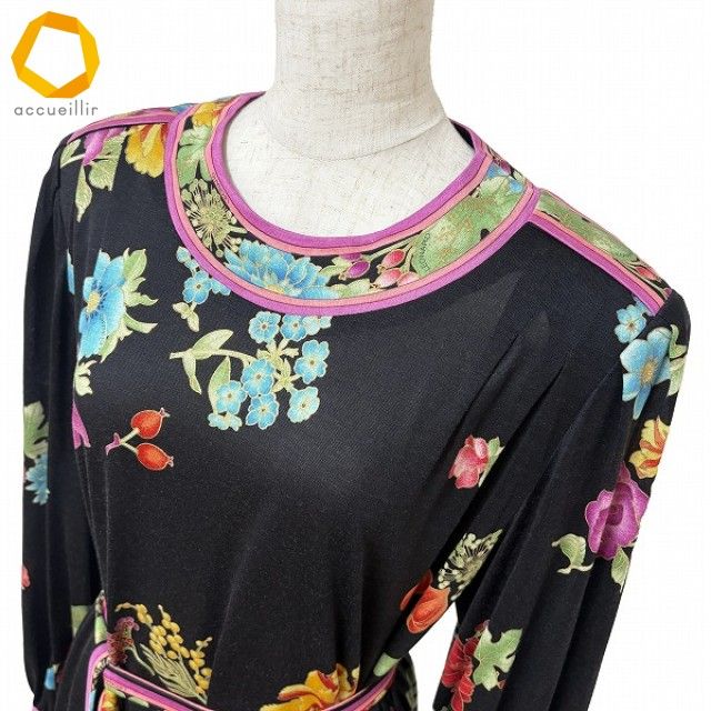 anc レオナール LEONARD ワンピース L 黒 マルチ シルク混 花柄 丸首