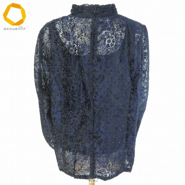 a レリアン Leilian カットソー ハイネック 13 紺系 シースルー フロッキー ラメ 花柄 長袖 大きいサイズ レディース 972655 k01