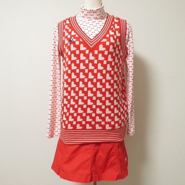 axc ルコック le coq sportif セットアップ スリーピース ゴルフウェア 赤 白 リボン柄 ハート柄 ロゴ ミニ レディース 930413