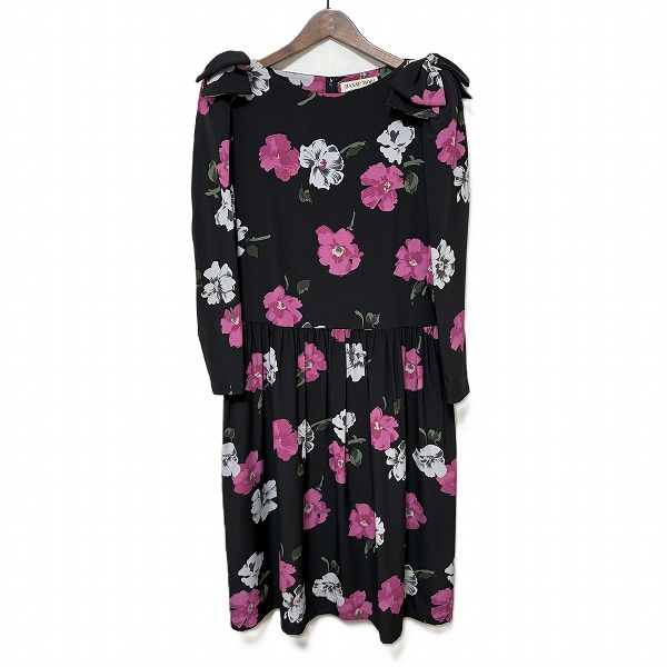 anc ハナエモリ HANAEMORI ワンピース 9A3 黒 ピンク ヴィンテージ 花柄 リボン バックジップ レディース 973744
