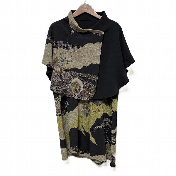 snc シセンドウ 詩仙堂 アンサンブル 黒 マルチ ちりめん 風神雷神 ワンピース アシンメトリー ケープ 金タグ レディース 975014