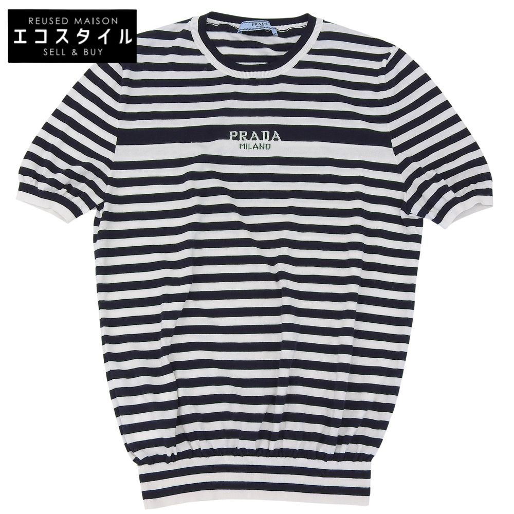 PRADA プラダ ボーダー 半袖 コットンTシャツ トップス レディース ネイビー×ホワイト 40 P24V1D 23SS 40