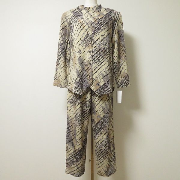 anc シセンドウ 詩仙堂 ヒトシタムラ セットアップ スリーピース ベージュ系 黒 紫 ちりめん 総柄 ベルト紐付き レディース 975112