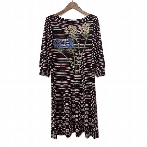 anc サイトウトヨコ 斉藤都世子 ワンピース 黒 ピンク ニット ボーダー 花モチーフ ボートネック レディース 952372