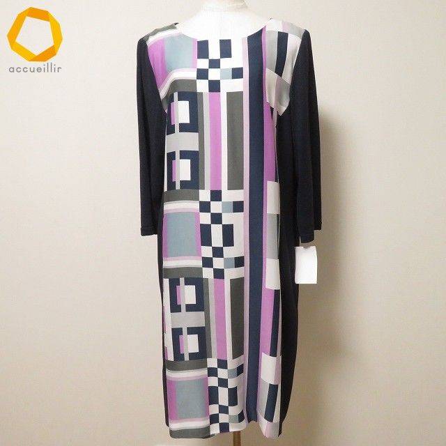 anc レリアン Leilian ワンピース ニット13 紺 白 紫 幾何学模様 異素材 重ね着風 ペチコート付き 大きいサイズ レディース 952801