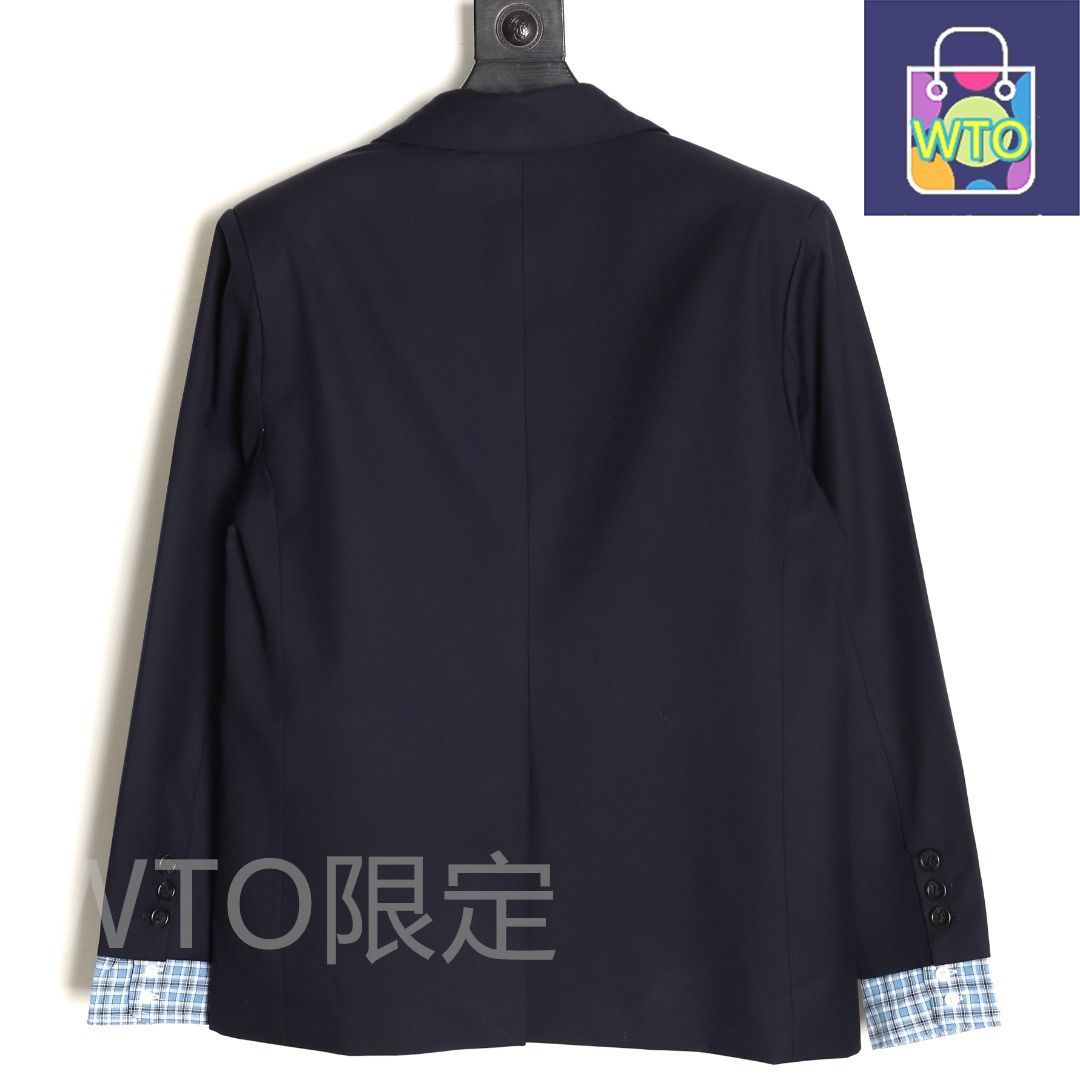 今日 Miumiu ミウミウ チェック柄袖つなぎウールスーツジャケット 濃紺色オーダーダイ染色による 質感を備える