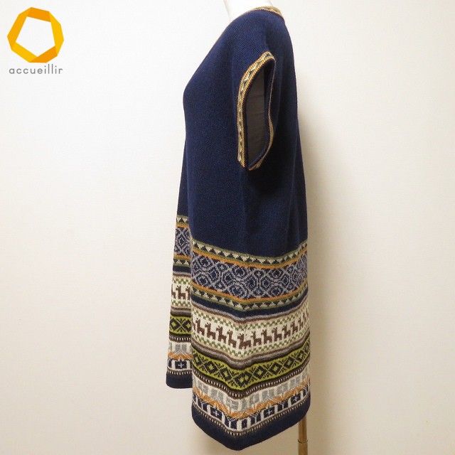 wnc アルパカハウス ALPACA HOUSE ベスト ジレ ニット セーター L 紺 黄色 緑 アルパカ アルパカ柄 ペルー製 レディース 952818