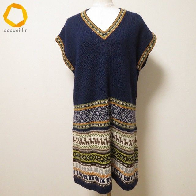 wnc アルパカハウス ALPACA HOUSE ベスト ジレ ニット セーター L 紺 黄色 緑 アルパカ アルパカ柄 ペルー製 レディース 952818