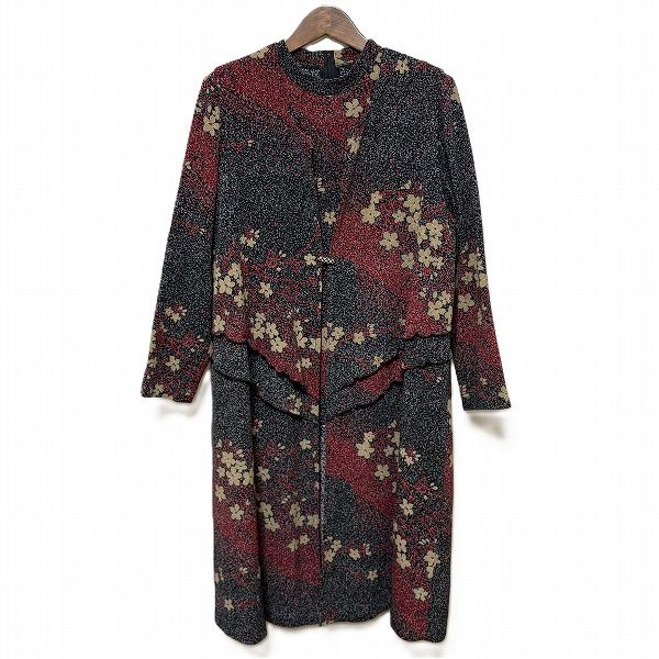 anc シセンドウ 詩仙堂 アンサンブル 黒 赤 グレー ちりめん 花柄 ロングジレ ノー カットソー レディース 975125